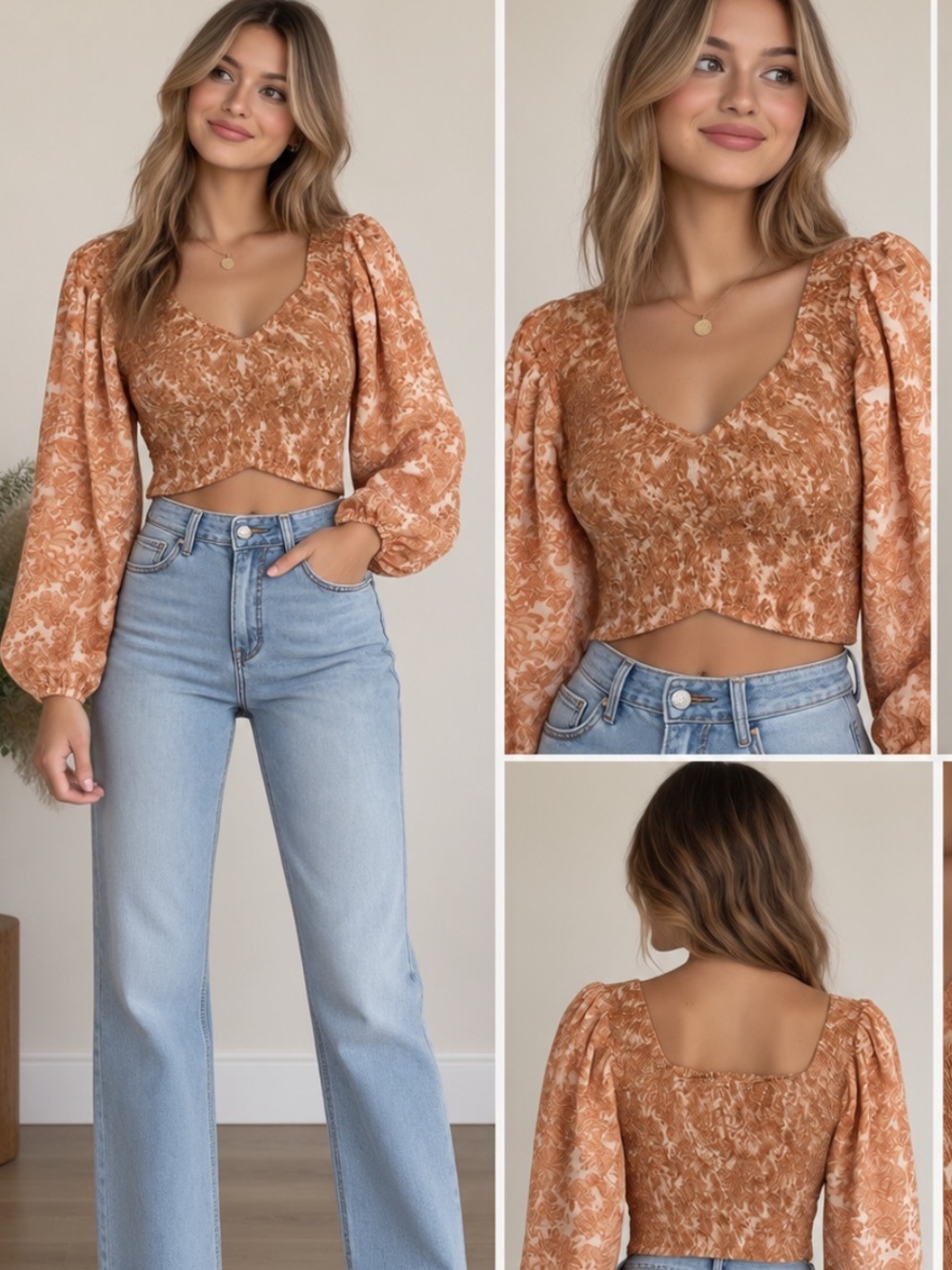 Flying Tomato Y2K Criss Cross Smocked Crop Top Rust Paisley Long Sleeve L